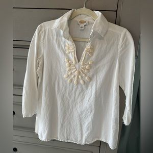 White Linen Talbots Petite S Blouse Popover
